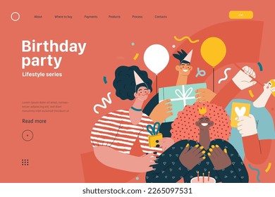 Lifestyle web template - Birthday party - modern flat vector illustration of men and women celebrating birthday, giving presents. People activities concept