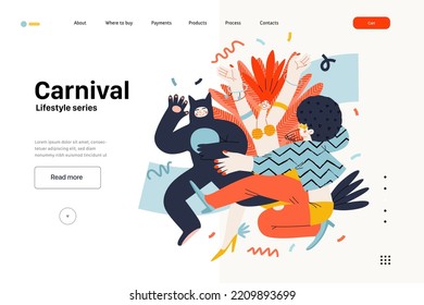 Lifestyle web template - Carnival - modern flat vector illustration of masked people dancing together, taking part in the costume carnival procession. People activities concept