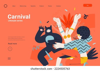 Lifestyle web template - Carnival - modern flat vector illustration of masked people dancing together, taking part in the costume carnival procession. People activities concept