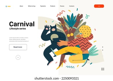 Plantilla web de estilo de vida - Carnaval - moderna ilustración vectorial plana de personas enmascaradas bailando juntas, participando en la procesión del carnaval de disfraces. Concepto de actividades de las personas