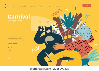 Lifestyle web template - Carnival - modern flat vector illustration of masked people dancing together, taking part in the costume carnival procession. People activities concept