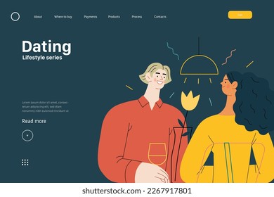 Lifestyle web template - Dating - modern flat vector illustration of a woman and a man dating in the restaurant sitting at the table drinking wine, vase with a flower. People activities concept