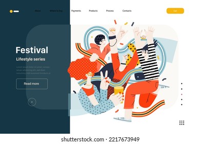 Lifestyle web template - Festival - modern flat vector illustration of a man and a woman taking part in the rock musical festival. People activities concept