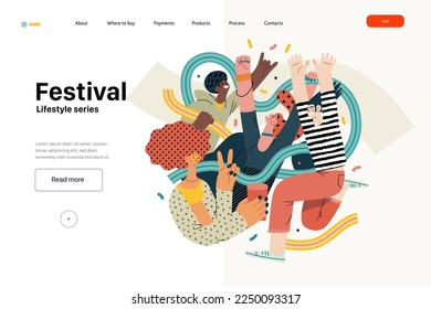 Lifestyle web template - Festival - modern flat vector illustration of a man and a woman taking part in the rock musical festival. People activities concept