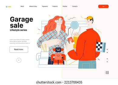 Lifestyle Web Template -Garage Sale -modern Flat Vector Illustration Of A Woman Selling House Stuff, Table Filled With House Utilities And Toys, And Man Buying A Chess Board. People Activities Concept