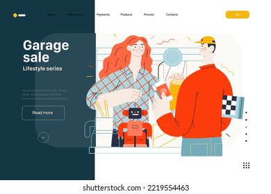 Lifestyle Web Template -Garage Sale -modern Flat Vector Illustration Of A Woman Selling House Stuff, Table Filled With House Utilities And Toys, And Man Buying A Chess Board. People Activities Concept