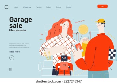 Lifestyle web template -Garage sale -modern flat vector illustration of a woman selling house stuff, table filled with house utilities and toys, and man buying a chess board. People activities concept