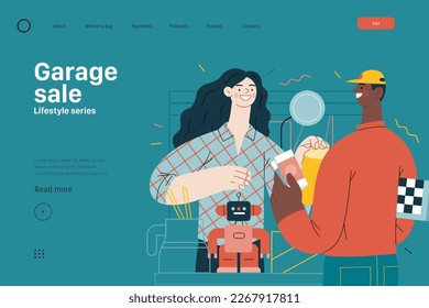 Lifestyle web template -Garage sale -modern flat vector illustration of a woman selling house stuff, table filled with house utilities and toys, and man buying a chess board. People activities concept