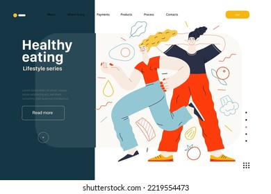 Plantilla web de estilo de vida - Comida saludable - moderna ilustración vectorial plana de una mujer y un hombre que practican una dieta saludable y equilibrada. Concepto de actividades de las personas