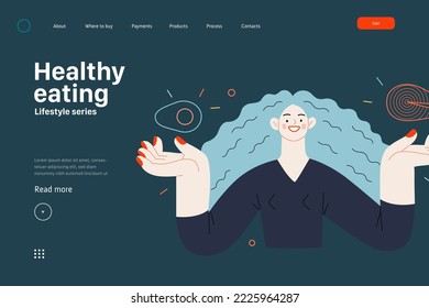 Lifestyle web template - Healthy eating - modern flat vector illustration of a woman practicing healthy balanced diet holding salmon and avocado. People activities concept