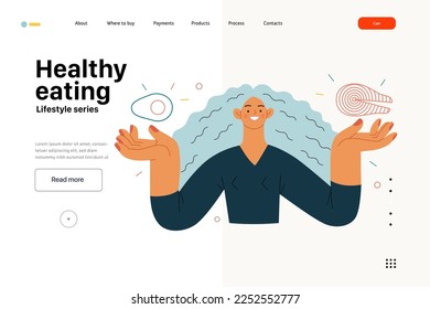 Lifestyle web template - Healthy eating - modern flat vector illustration of a woman practicing healthy balanced diet holding salmon and avocado. People activities concept