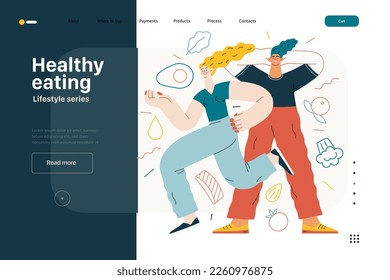 Lifestyle web template - Healthy eating - modern flat vector illustration of a woman and a man practicing healthy balanced diet. People activities concept