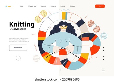 Lifestyle web template - Knitting - modern flat vector illustration of a woman wearing glasses knitting a long striped scarf with knitting needles. People activities concept