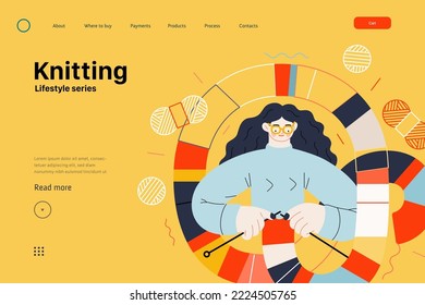 Lifestyle web template - Knitting - modern flat vector illustration of a woman wearing glasses knitting a long striped scarf with knitting needles. People activities concept
