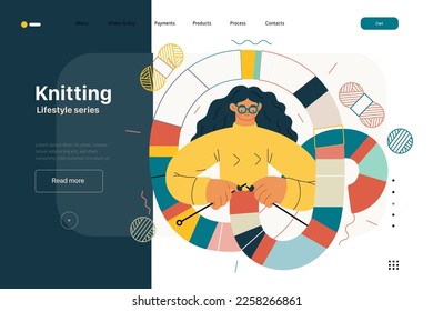 Lifestyle web template - Knitting - modern flat vector illustration of a woman wearing glasses knitting a long striped scarf with knitting needles. People activities concept