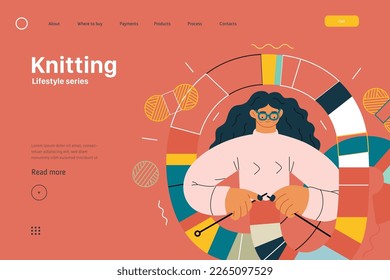 Lifestyle web template - Knitting - modern flat vector illustration of a woman wearing glasses knitting a long striped scarf with knitting needles. People activities concept