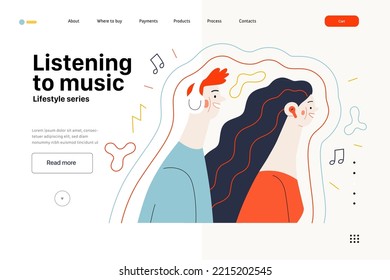 Lifestyle web template - Listening to music - modern flat vector illustration of a man and a woman with buds and headphones listaening to music surrounded by waves. People activities concept