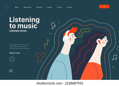 Lifestyle web template - Listening to music - modern flat vector illustration of a man and a woman with buds and headphones listaening to music surrounded by waves. People activities concept