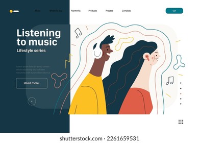 Lifestyle web template - Listening to music - modern flat vector illustration of a man and a woman with buds and headphones listaening to music surrounded by waves. People activities concept