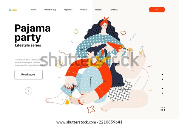 Lifestyle web template -Pajama party -modern flat\
vector illustration, female friends wearing pajamas amusing\
themselves together wearing makeup doing hair, painting toenails\
People activities\
concept