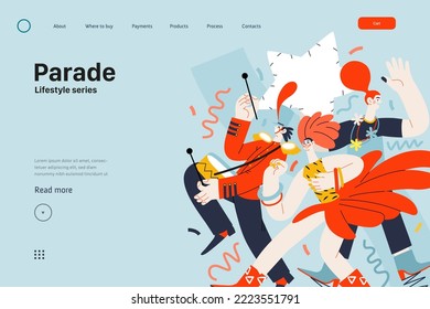 Lifestyle web template - Parade - modern flat vector illustration of people marching together, taking part in parade or rally. Male and female protesters or activists. People activities concept