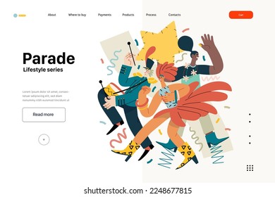 Lifestyle web template - Parade - modern flat vector illustration of people marching together, taking part in parade or rally. Male and female protesters or activists. People activities concept