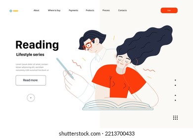 Lifestyle web template - Reading - modern flat vector illustration of a man and a woman reading the books. People activities concept