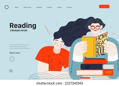 Lifestyle Web Template - Reading - moderne flache Vektorgrafik eines Mannes und einer Frau, die die Bücher liest. Konzept der Tätigkeiten des Menschen