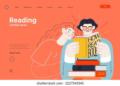Lifestyle web template - Reading - modern flat vector illustration of a man and a woman reading the books. People activities concept