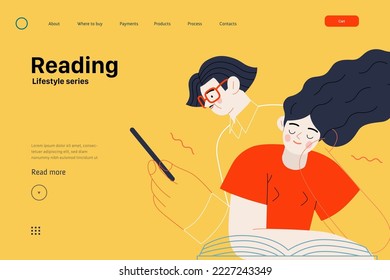 Lifestyle web template - Reading - modern flat vector illustration of a man and a woman reading the books. People activities concept