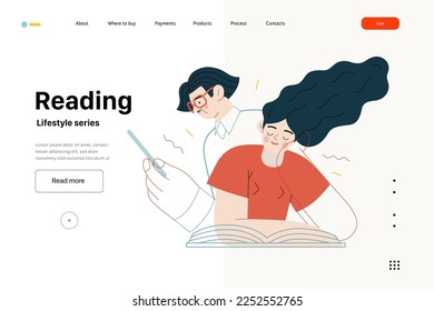 Lifestyle web template - Reading - modern flat vector illustration of a man and a woman reading the books. People activities concept