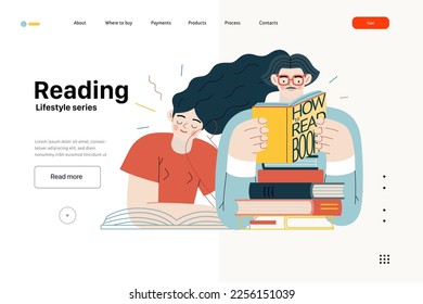 Lifestyle web template - Reading - modern flat vector illustration of a man and a woman reading the books. People activities concept