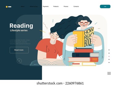 Lifestyle web template - Reading - modern flat vector illustration of a man and a woman reading the books. People activities concept