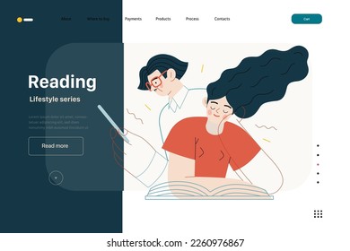 Lifestyle web template - Reading - modern flat vector illustration of a man and a woman reading the books. People activities concept