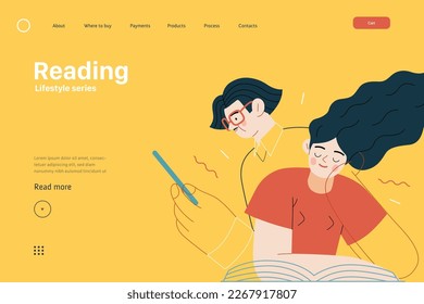 Lifestyle web template - Reading - modern flat vector illustration of a man and a woman reading the books. People activities concept