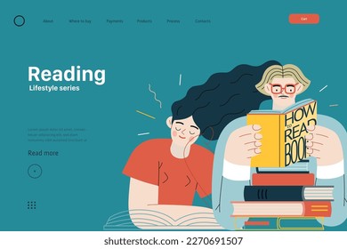 Lifestyle web template - Reading - modern flat vector illustration of a man and a woman reading the books. People activities concept