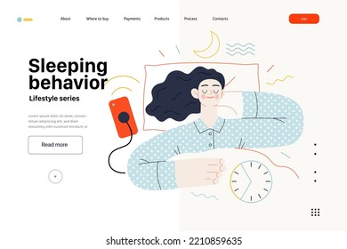 Lifestyle web template -Sleeping behaviour -modern flat vector illustration of woman sleeping in her bed showing the benefits of good sleeping habit, eight hours normal sleep People activities concept