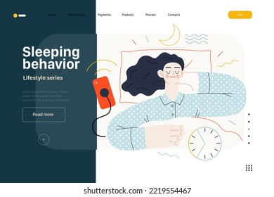Lifestyle web template -Sleeping behaviour -modern flat vector illustration of woman sleeping in her bed showing the benefits of good sleeping habit, eight hours normal sleep People activities concept