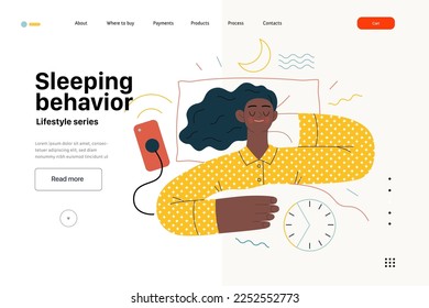 Lifestyle web template -Sleeping behaviour -modern flat vector illustration of woman sleeping in her bed showing the benefits of good sleeping habit, eight hours normal sleep People activities concept