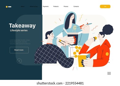 Lifestyle web template - Takeaway - modern flat vector illustration of a group of friends eating takeaway food from boxes sitting at home. People activities concept