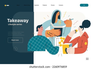 Lifestyle web template - Takeaway - modern flat vector illustration of a group of friends eating takeaway food from boxes sitting at home. People activities concept