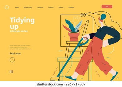 Lifestyle web template - Tidying up, housekeeping - modern flat vector illustration of a woman cleaning the floor with a vacuum cleaner. People activities concept