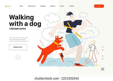 Lifestyle web template - Walking with a dog - modern flat vector illustration of a young man and a dog playing outside. People activities concept