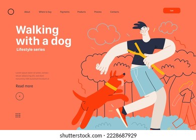 Lifestyle web template - Walking with a dog - modern flat vector illustration of a young man and a dog playing outside. People activities concept