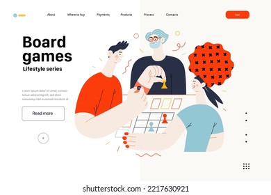 Plantilla de sitio web de estilo de vida - Juegos de mesa - moderna ilustración vectorial plana de personas jugando un juego de cartas con un dado. Concepto de actividades de las personas