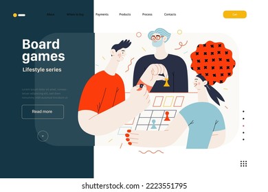 Lifestyle website template - Board games - modern flat vector illustration of people playing a board card game with a dice. People activities concept