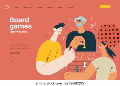 Lifestyle website template - Board games - modern flat vector illustration of people playing a board card game with a dice. People activities concept svg