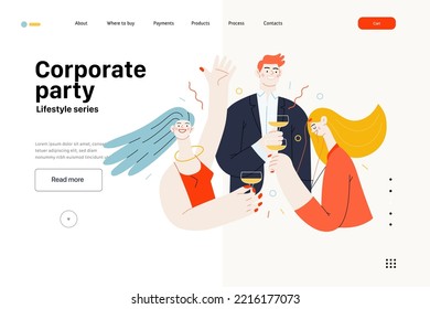 Lifestyle website template - Corporate party - modern flat vector illustration of business people entertaining in the office at corporate, drinking champagne. People activities concept