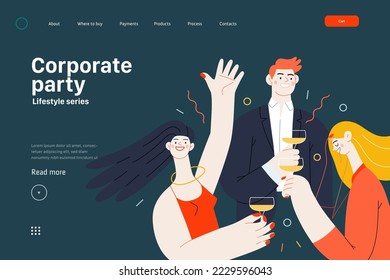 Lifestyle website template - Corporate party - modern flat vector illustration of business people entertaining in the office at corporate, drinking champagne. People activities concept