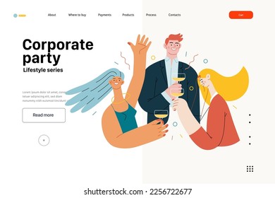 Lifestyle website template - Corporate party - modern flat vector illustration of business people entertaining in the office at corporate, drinking champagne. People activities concept